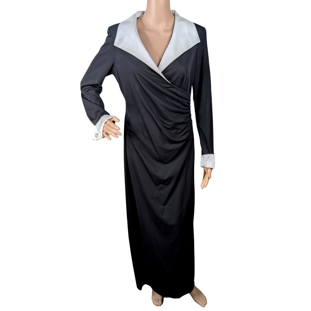 Vtg Cachet Deadstock NWT Black Maxi Dress 14P | Formal Satin Trim Faux Wrap